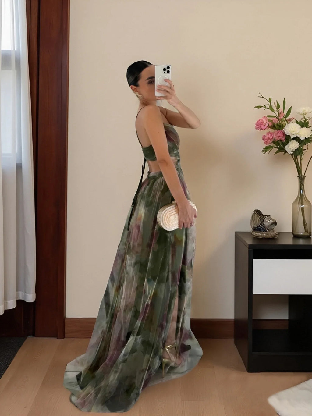 2026 NEW WOMEN'S MESH PRINT BACKLESS CAMISOLE DRESS, LIGHT LUXURY ELEGANT EVENING GOWN FOR PARTIES