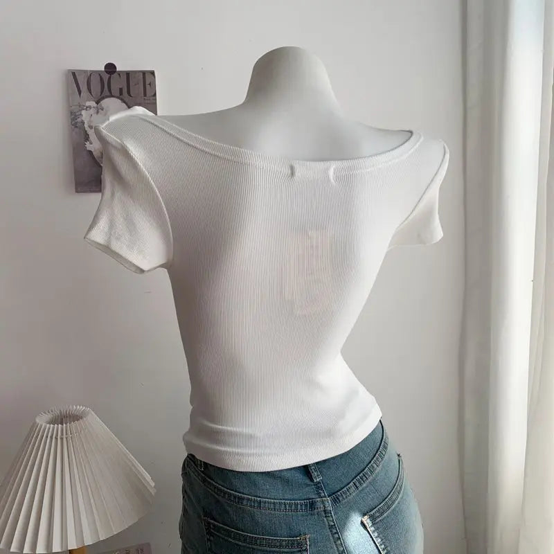 Summer Short Sleeve T-Shirt Shoulder Bared Open Neck Irregular Pleated Korean Style Slim Fit Pure Color Modal Fabric Ladies Top