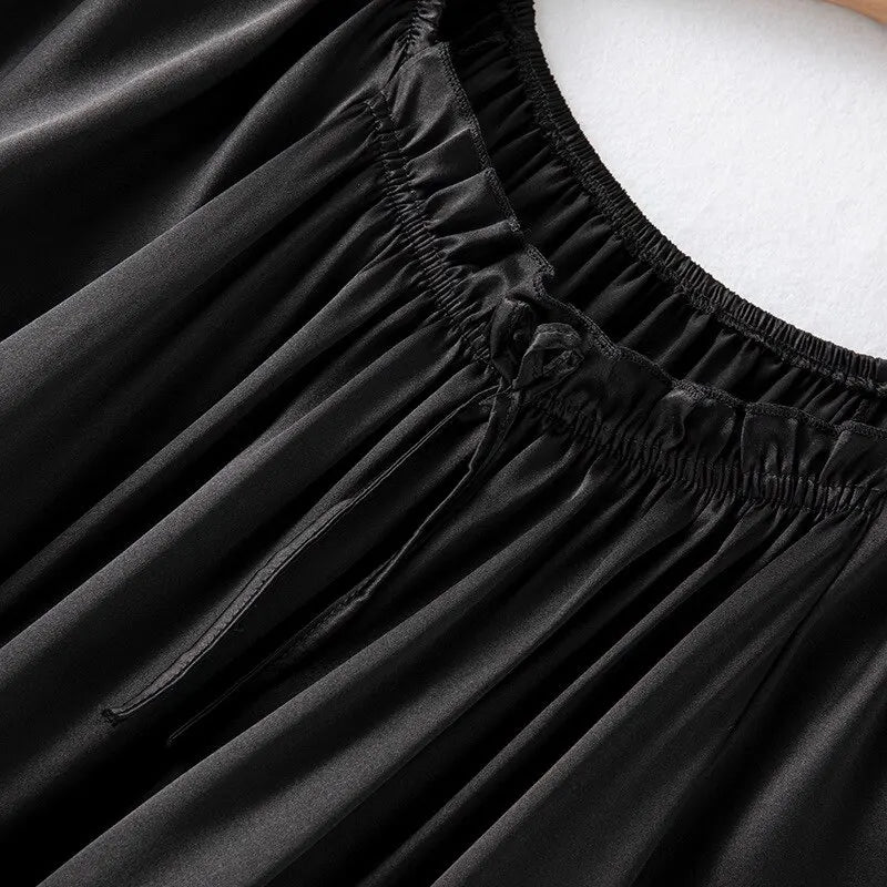 Loose 100%Silk Short Sleeve Nightgown, Summer Medium-long Satin Sleepwear Woman