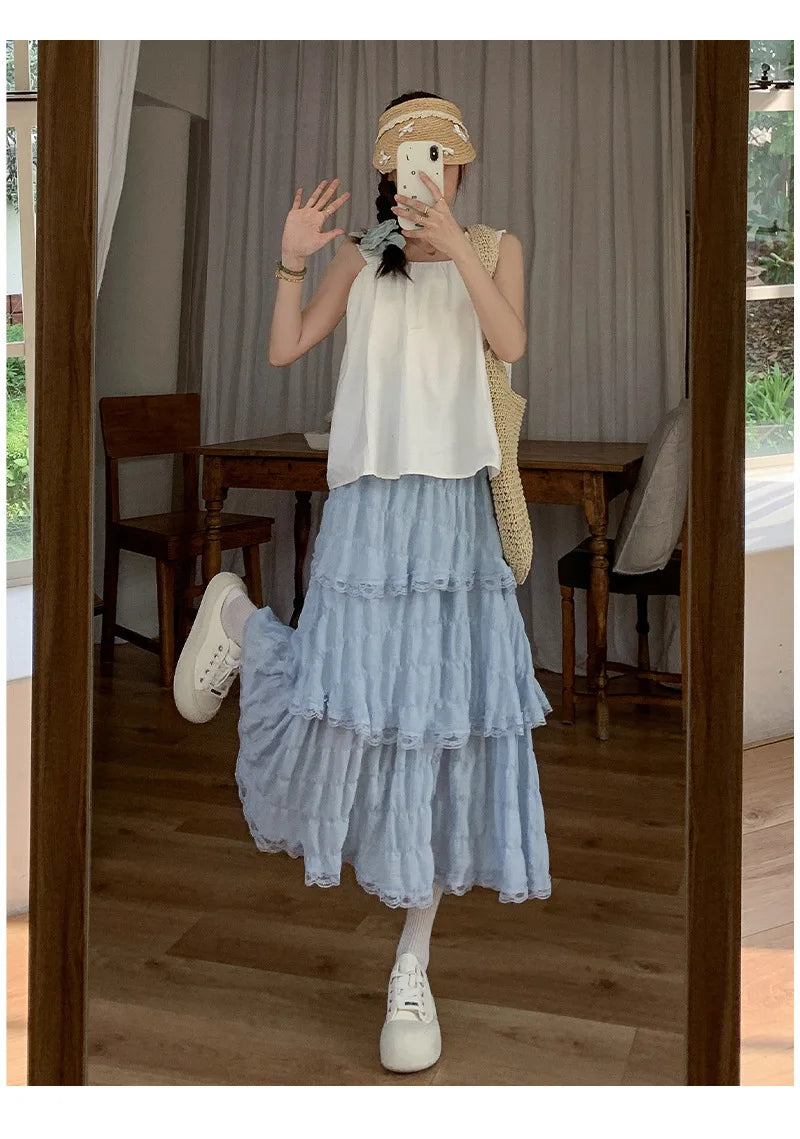 Sweet Lace Ruffles Long Skirt Women Summer Cute Puff Cake A Line Skirt Woman Korean Style High Waist White Chiffon Tulle Skirt
