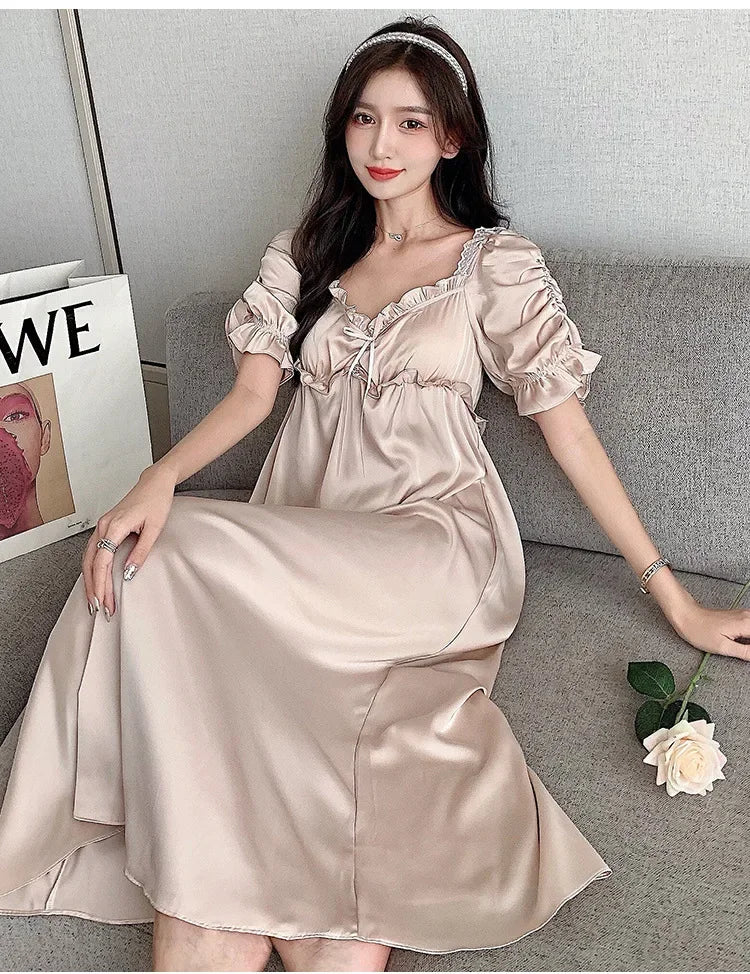 Satin Long Nightgown Women Sweet Lovely French Sleepwear Retro Silk Short Sleeve Sleepshirt Ladies Fashion Nightdress Home Dress