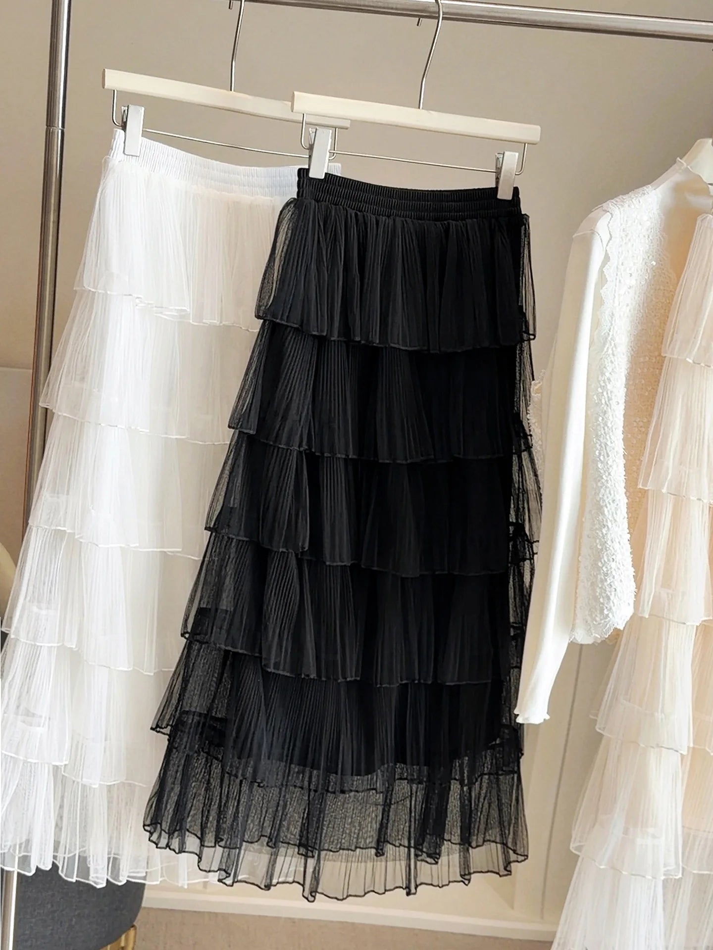 Seoulish Korean Style Layered Mesh Cake Midi Skirt 2026 Spring Women High Waist Elegant Tulle Skirt Female Long Skirts Party