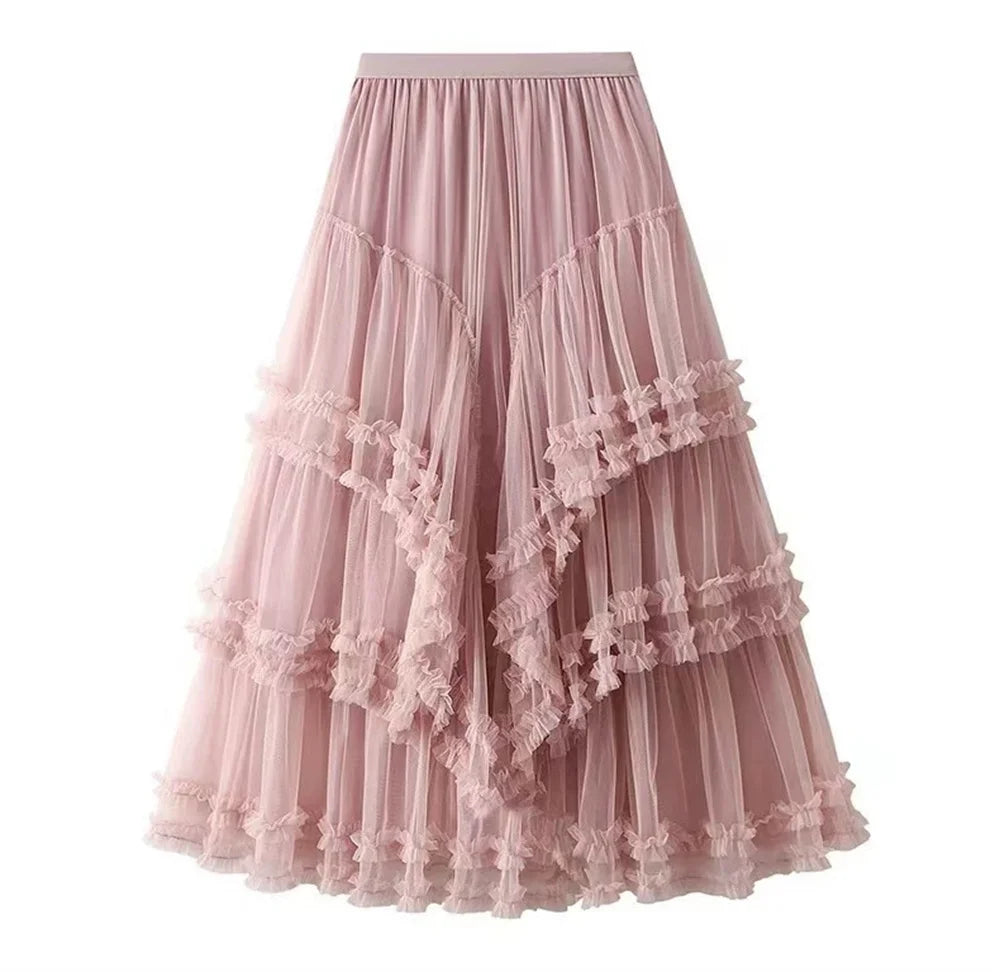 2026 Fashion Women High Waisted Floral Lace Tulle Puff Cake Skirt Vintage Ladies Loose Asymmetrical Long Skirts Women Clothes