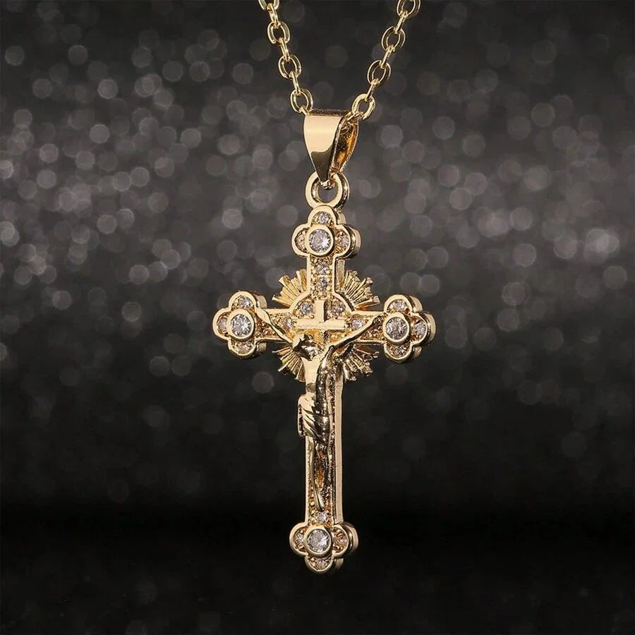 Religion Jesus Cross Pendant Necklace For Women'S Men Shiny Rhinestone Gold Color Chain Design Hip Hop Jewelry