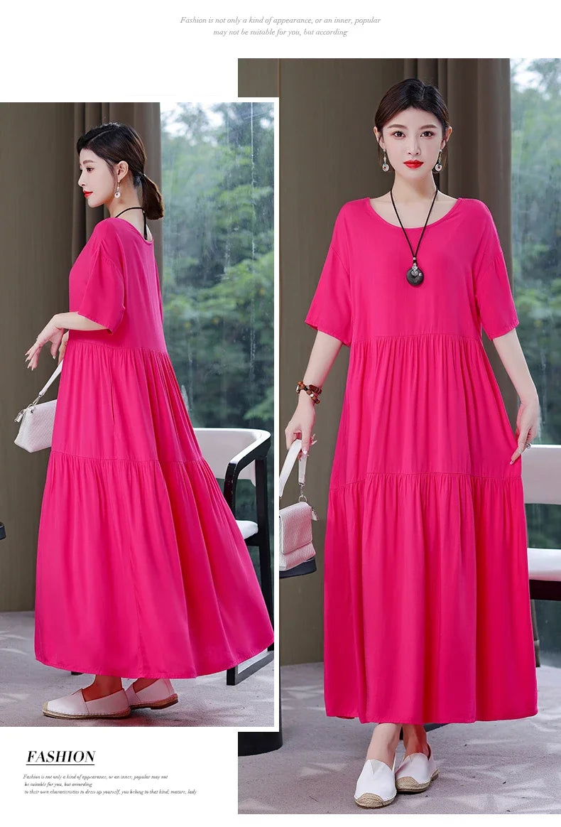Women's Oversized A-Line Midi Dress – Loose Fit Short Sleeve Summer Sundress