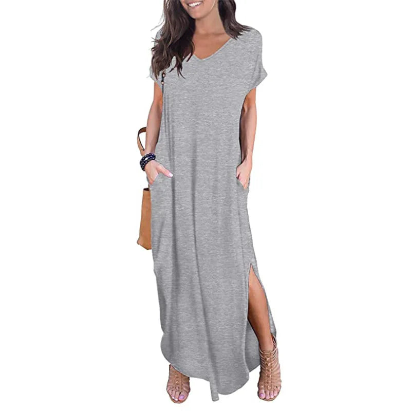 Women's Casual Maxi Dress V Neck Short Sleeve Dresses Loose Fit Long Dress with Pockets Side Slit Outfit Home Casual Daily Wear
