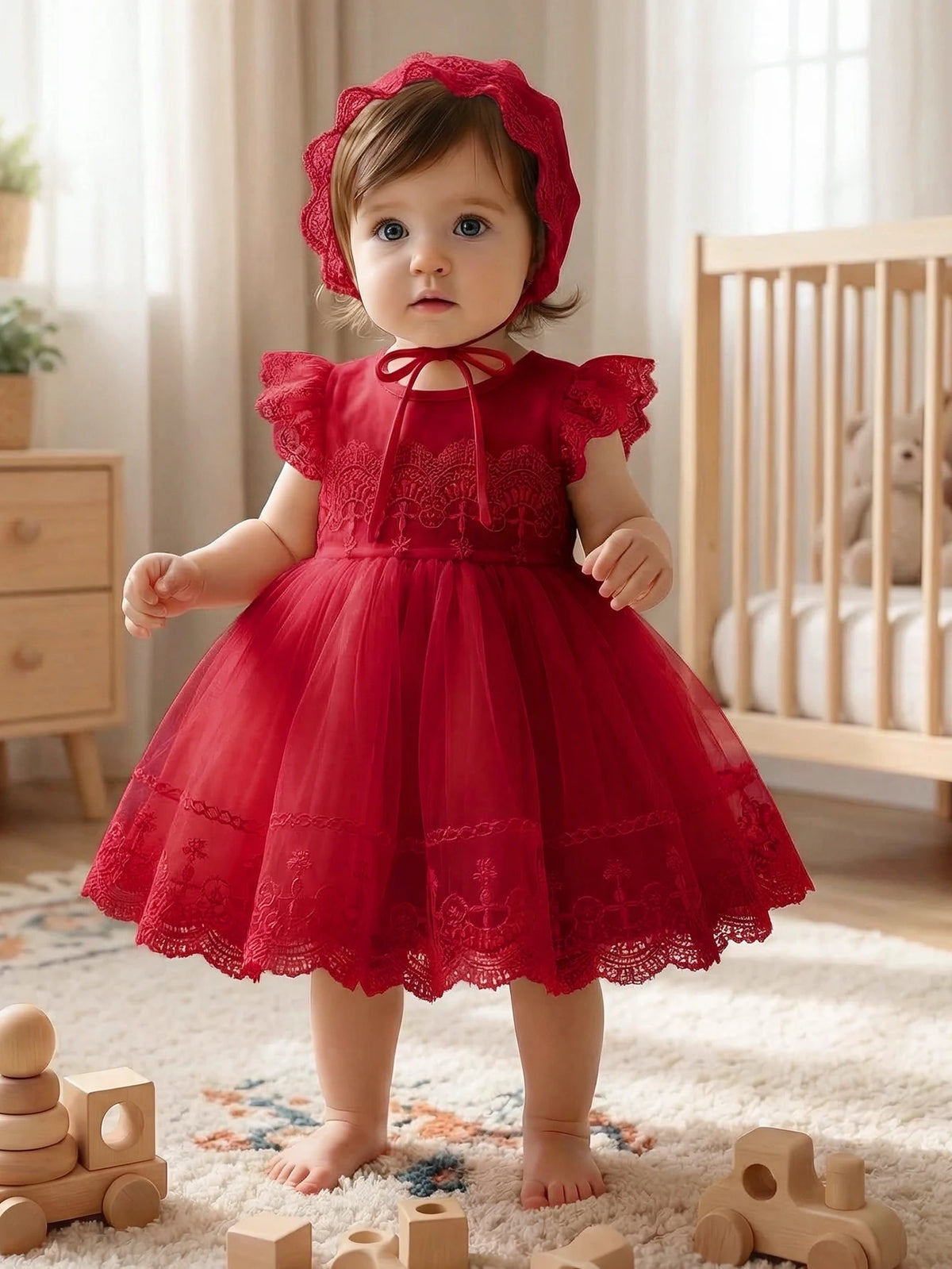 Baby Girl Baptism Dress - Wine Red Lace A-Line Princess Dress with Hat