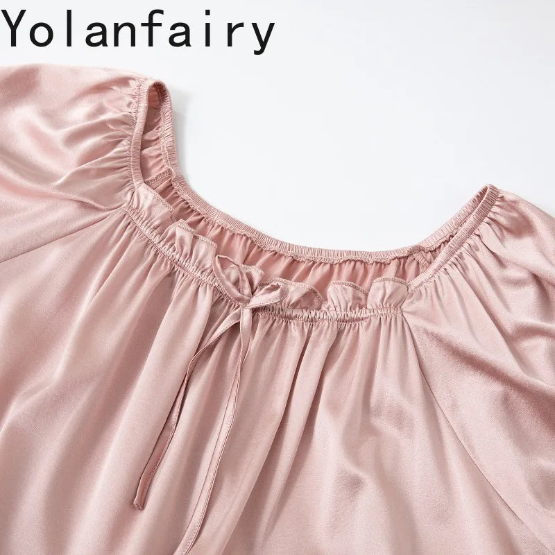 YOLANFAIRY 93% Real Mulberry Silk Pajamas for Woman 2026 Spring Summer High-end Sets Woman 2 Piece Short Sleeve Pijamas De Mujer