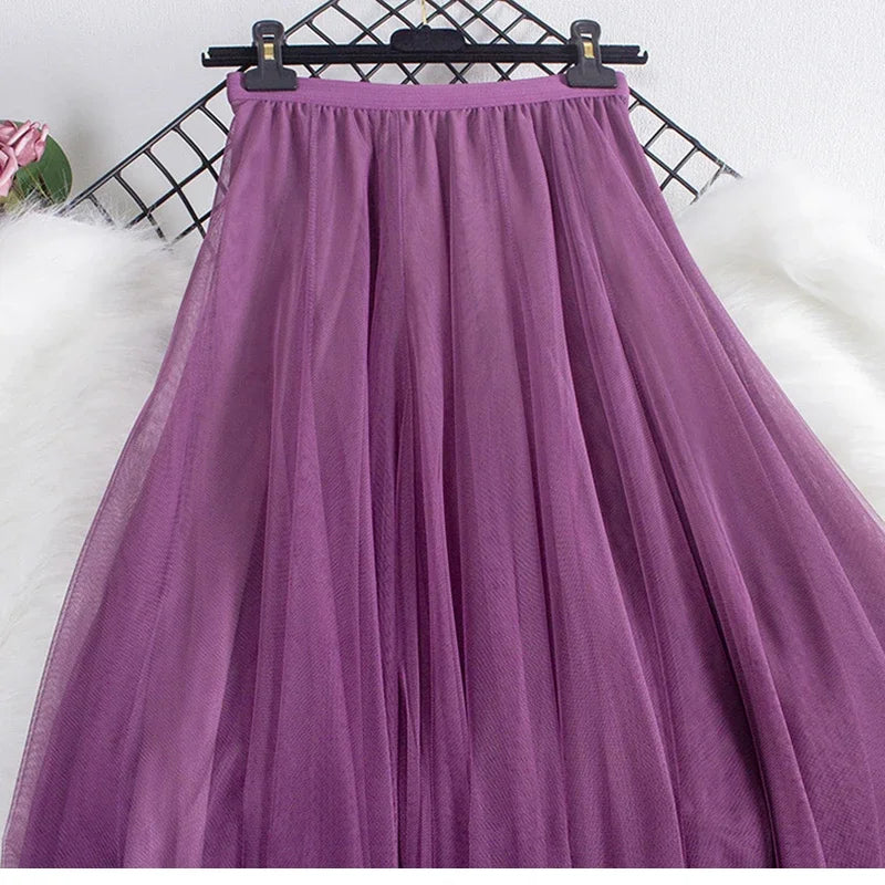 New large hem chiffon long skirt for women's Korean casual simple solid color three-layer A-line high waisted long skirt
