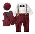 Newborn Baby Boy Formal Suit  Party Birthday Wedding Toddler Boys Outfit  Jumpsuit+Waistcoat+Beret+Bowtie+Suspender 0-3 Months