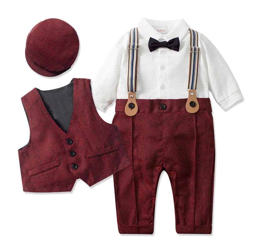 Newborn Baby Boy Formal Suit  Party Birthday Wedding Toddler Boys Outfit  Jumpsuit+Waistcoat+Beret+Bowtie+Suspender 0-3 Months
