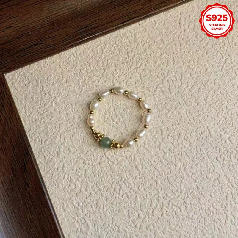 Fashionable Luxury 925 Silver Natural Stone Freshwater Pearl Women's Elastic Ring Daily Style Imves Fine Jewelry
