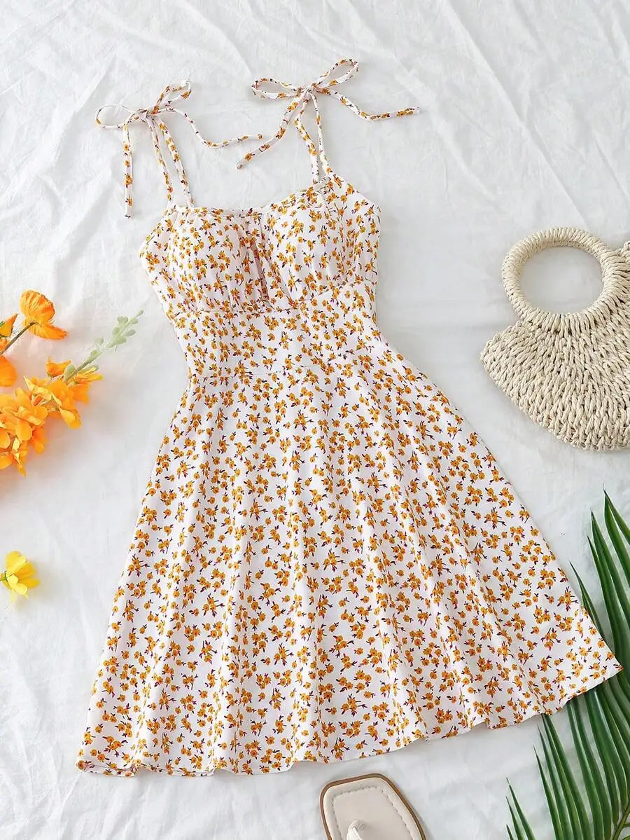 Womens Spaghetti Strap Tie-Up Ditsy Floral Mini Dress