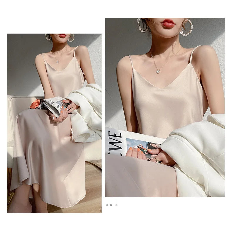 Sexy Solid Color Camisole Nightgown for Women Midi Length Sleeveless Slip Dress Inner Layer Base Dress Home Sleepwear Nightwear