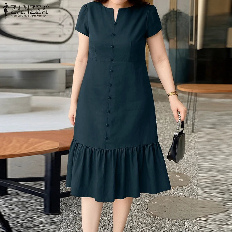 Stylish Summer Dress 2025 ZANZEA Women Elegant V-Neck Midi Dresses Office Work Sundress Short Sleeve Solid Buttons Vestidos Robe