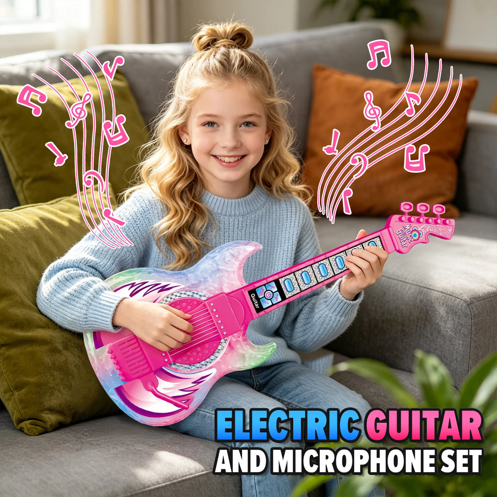 Karaoke Electronic Machine Children's Electric Light Multi-functional Guitar Instrument Set with Microphone Toys for Boys Girls