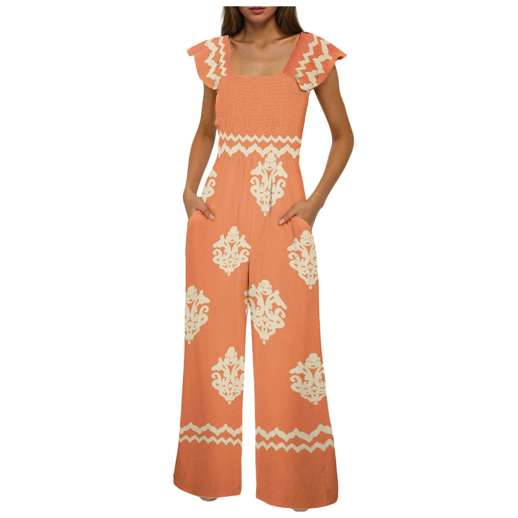 Womens Beach Vacation Tight Jumpsuits Boho Retro Print Cap Sleeve High Waist Wide Leg Romper With Casual Jumpsuits With Pockets
