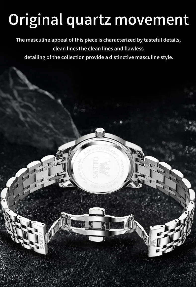 OLEVS 3656 Brand Men's Watches Fashion Original Quartz Watch for Man Waterproof Stainless Steel Luminous Wristwatch Moon Phase