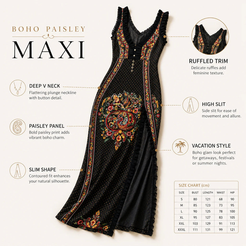 Women's Boho Paisley Print Maxi Dress Deep V-Neck Sleeveless Ruffle Trim High Slit Summer Vacation Resort Cocktail Dress