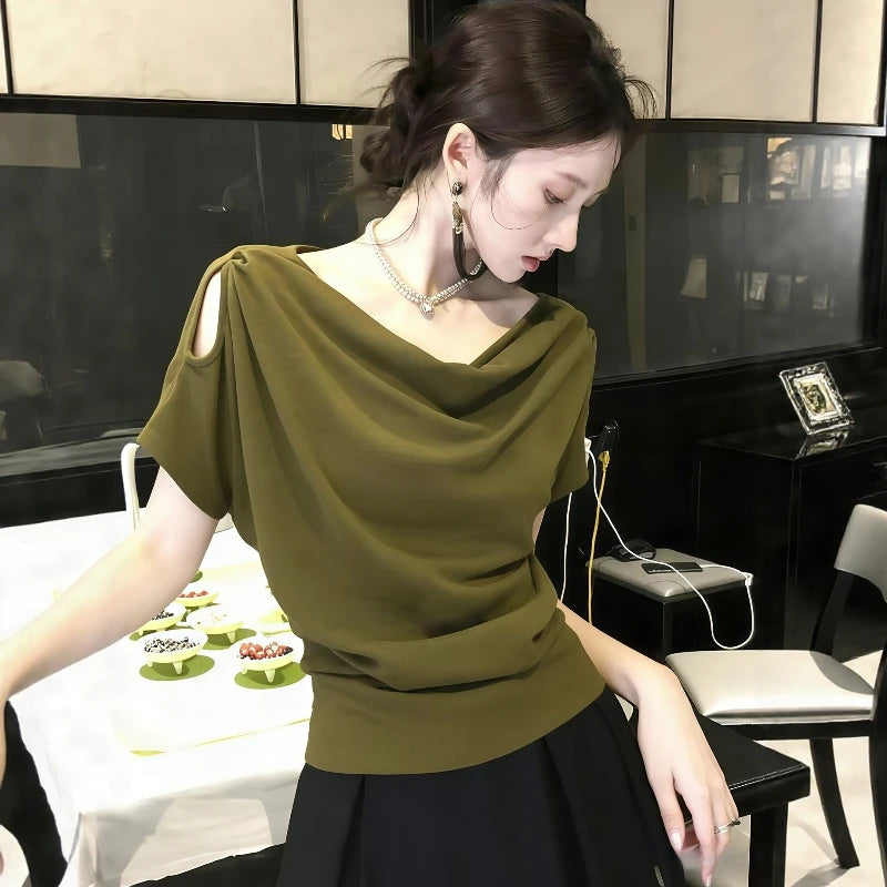 Unique Beautiful Shoulder-baring Short Sleeve T-shirt Women's Summer 2026 New plus Size Loose Fit Korean Style Creative Pattern