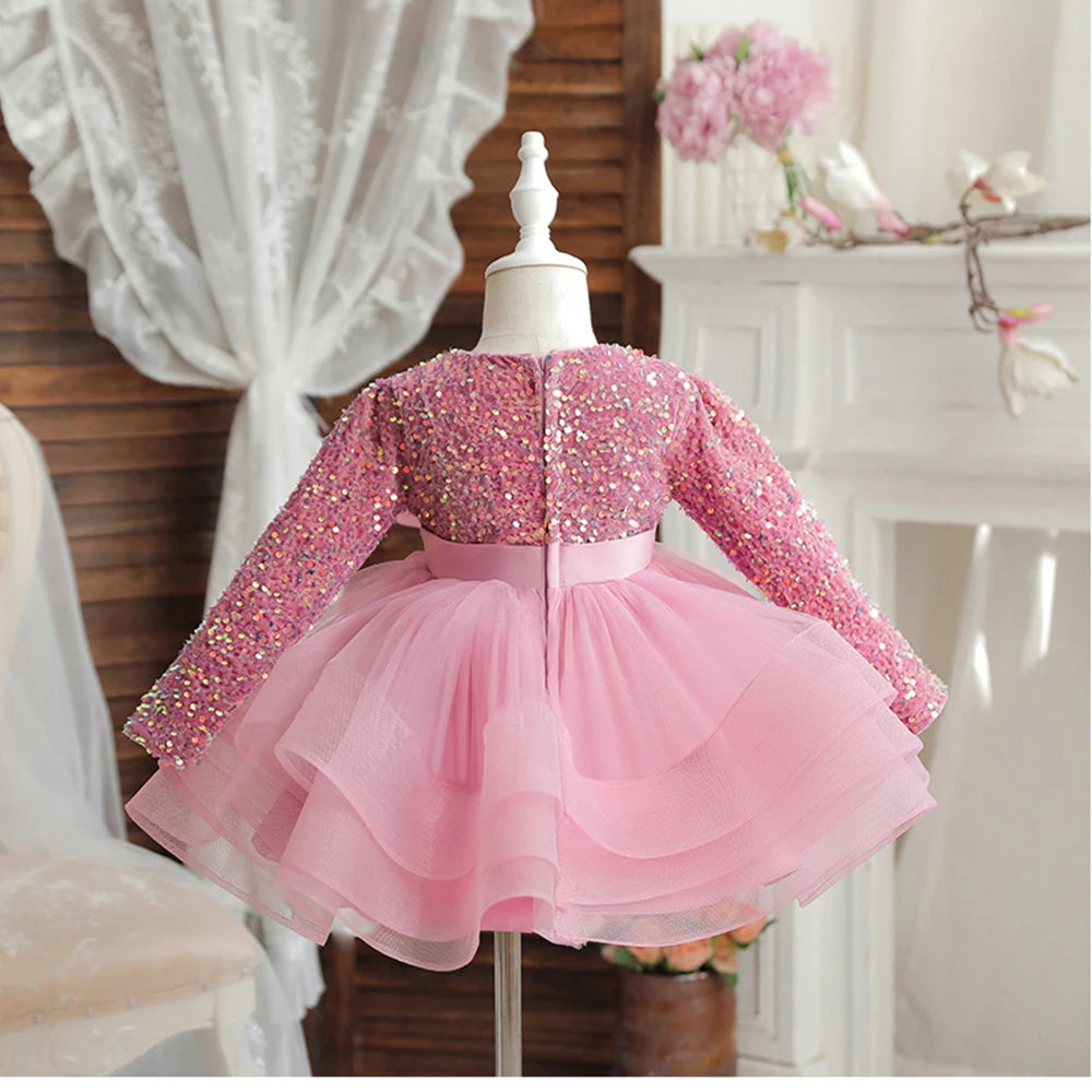 HETISO Girls Party Dresses Long Sleeve V-Neck Kid's Children Elegant Dress for Girl Sequined Tutu Wedding Ball Gowns 4 6 8 10Y