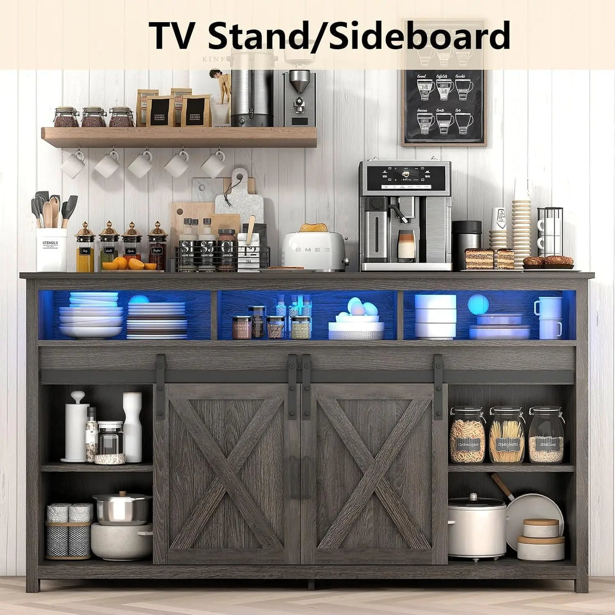 57" Farmhouse TV Stand with LED Lights, Power Outlets & Barn Doors