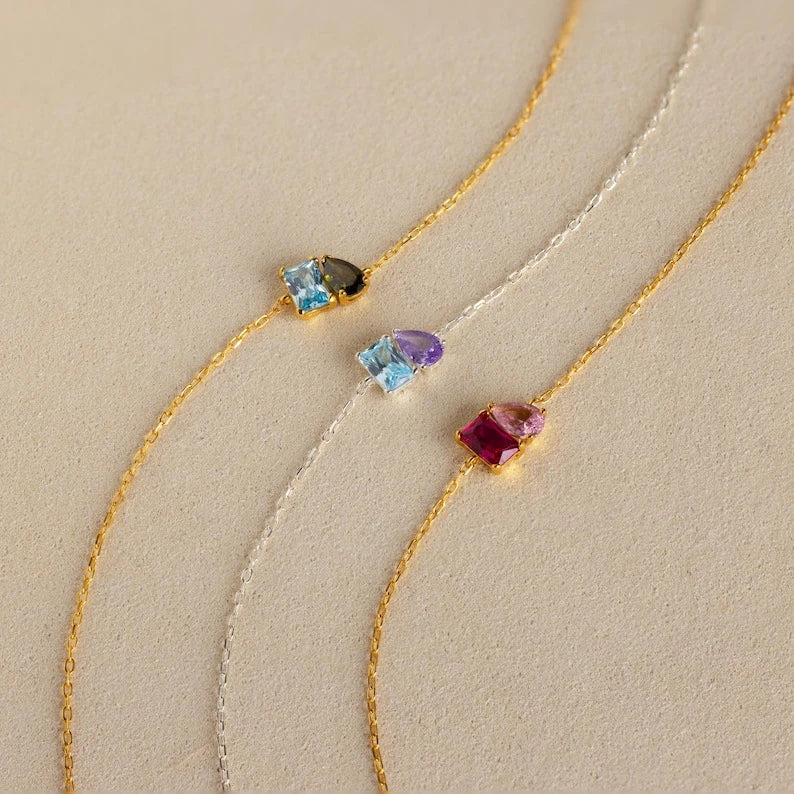 Personalized Birthstone Bracelet for Women Gold Plated Stainless Steel Dainty Two Stones Custom Gemstone Jewelry Birthday Gift