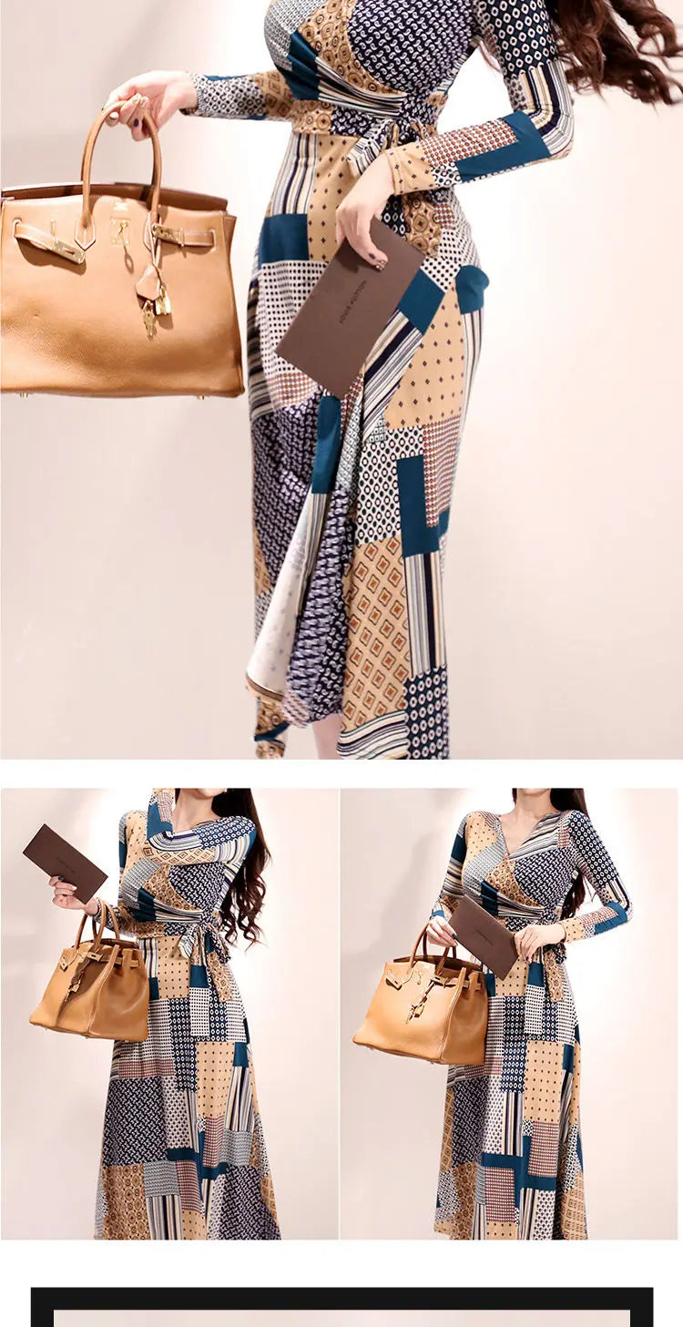 Vintage Print V-neck Lace-Up Maxi Dress | Korean Slim Long Sleeve.