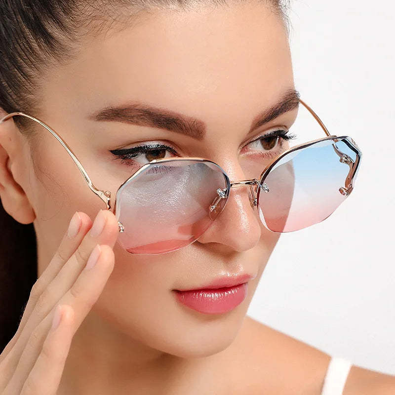 Rimless Sunglasses Polygon Fashion Popular Women Men Shades Big Frame Round Sun Glasses for Female Glasses Gradient Sunglasses