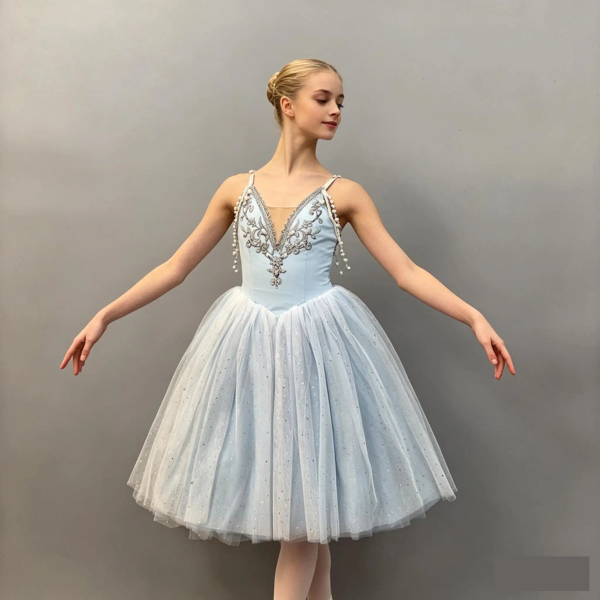 Girls Pearl Strap Light Blue Ballet Tutu Dress Sparkle Tulle Skirt Child Stage Performance Ballerina Dance Competition Costome