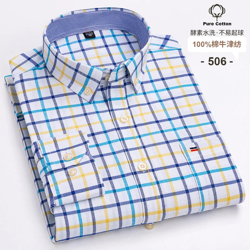 Men's 100% Cotton Oxford Plaid Dress Shirt - Long Sleeve Slim Fit