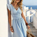 Women's Blue & White Stripe V-Neck Maxi Dress Boho A-Line Casual Fashion Leaf-Edge Summer Beach Vacation Holiday Striped Dress