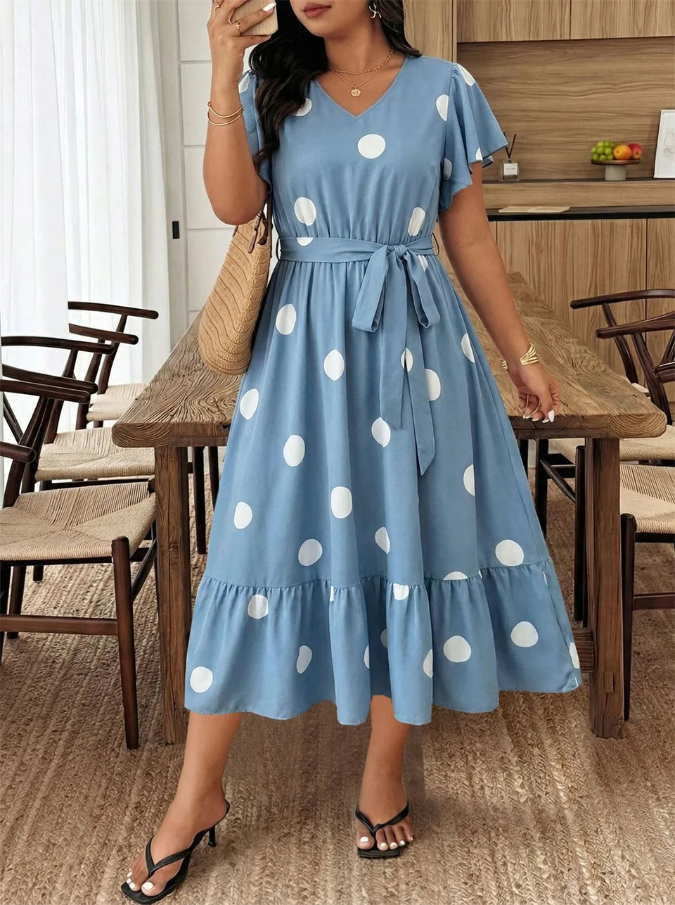 GIBSIE Plus Size Polka Dot V-Neck Belted Ruffle Hem Dress Women Casual Vacation Flounce Sleeve Big Swing Summer Long Dresses