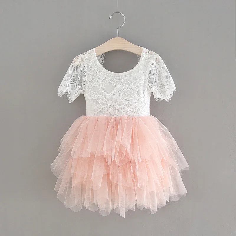 Summer Girl Dress Eyelashes Back Thin Lace Top Flat Skirt Tulle Gauze Princess Dress Children Clothing E15180
