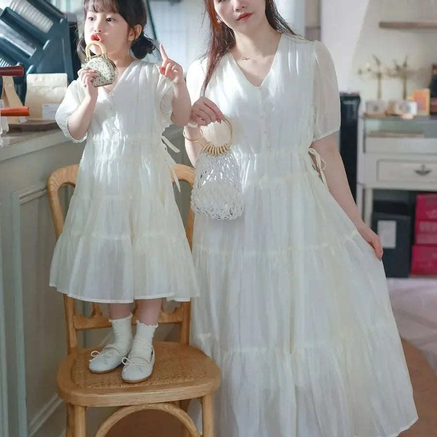 Family Matching Clothes Summer Dress Mother Daughter Solid Short Sleeve Dress Women Elegant Dress Girl Birthday Dress