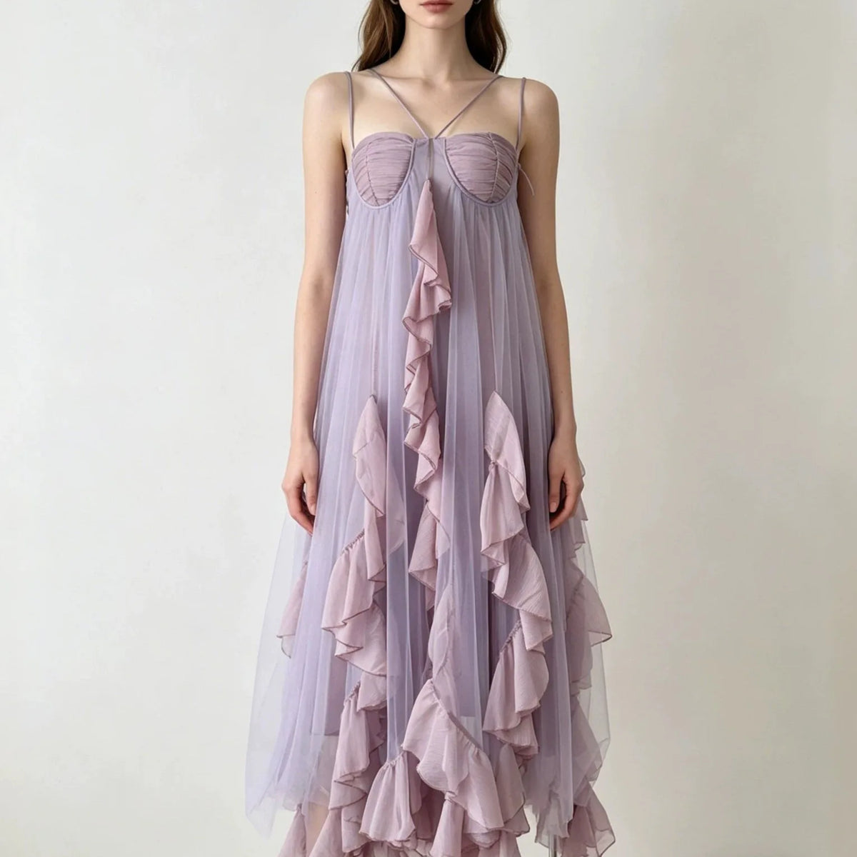 2026 Summer Women Beach Style Midi Dress Spaghetti Strap Backless Layered Ruffles Dress Travel Holiday Feminine Romantic Dresses