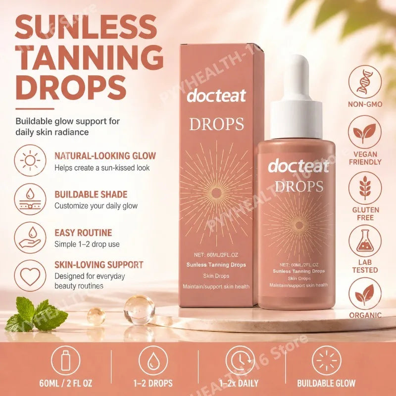 Docteat Sunless Tanning Drops Gentle Formula Long-Lasting No Greasy Feeling Gluconolactone Vitamin B1 Peppermint Extract 60 ML
