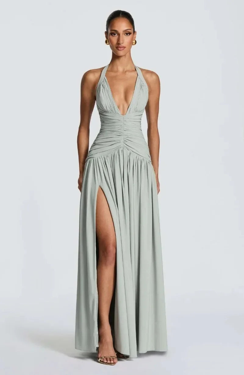 Elegant Strapless Ruched Maxi Dress Sexy Backless Lace Up Cinched Waist Slit Draped Bodycon Dresses Cocktail Party Evening Gown