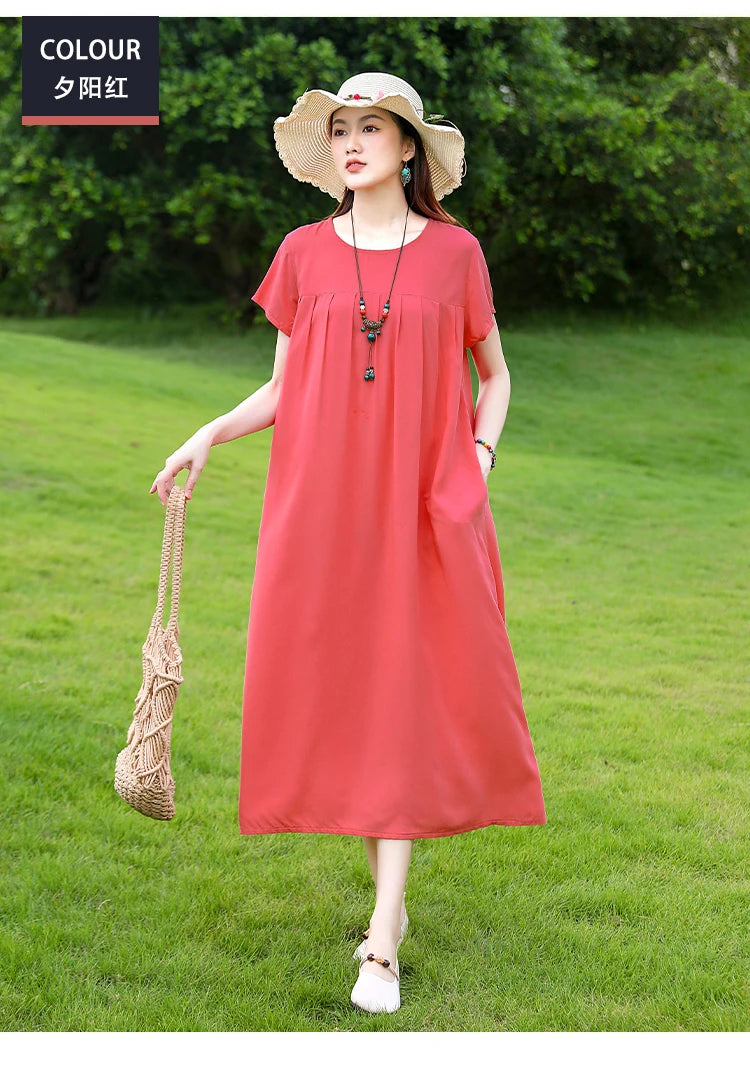 New Fashion Casual 2025 Summer Elegant Dresses For Women O-Neck Print Vintage Short Sleeve Dress Loose Women Clothing