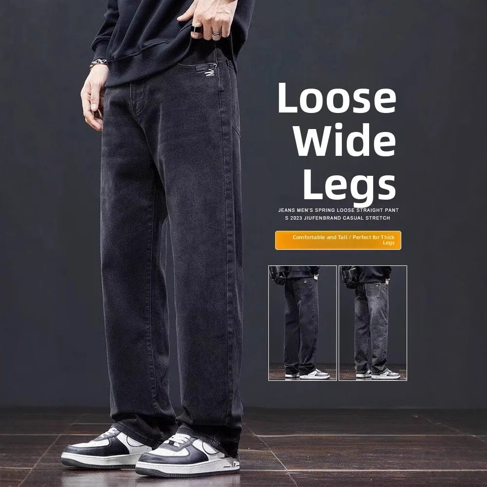 Black Casual Elastic Wide Leg Jeans Men's Loose Straight Fit Jeans Trendy Autumn Winter Long Pants Korean Style Basic Model
