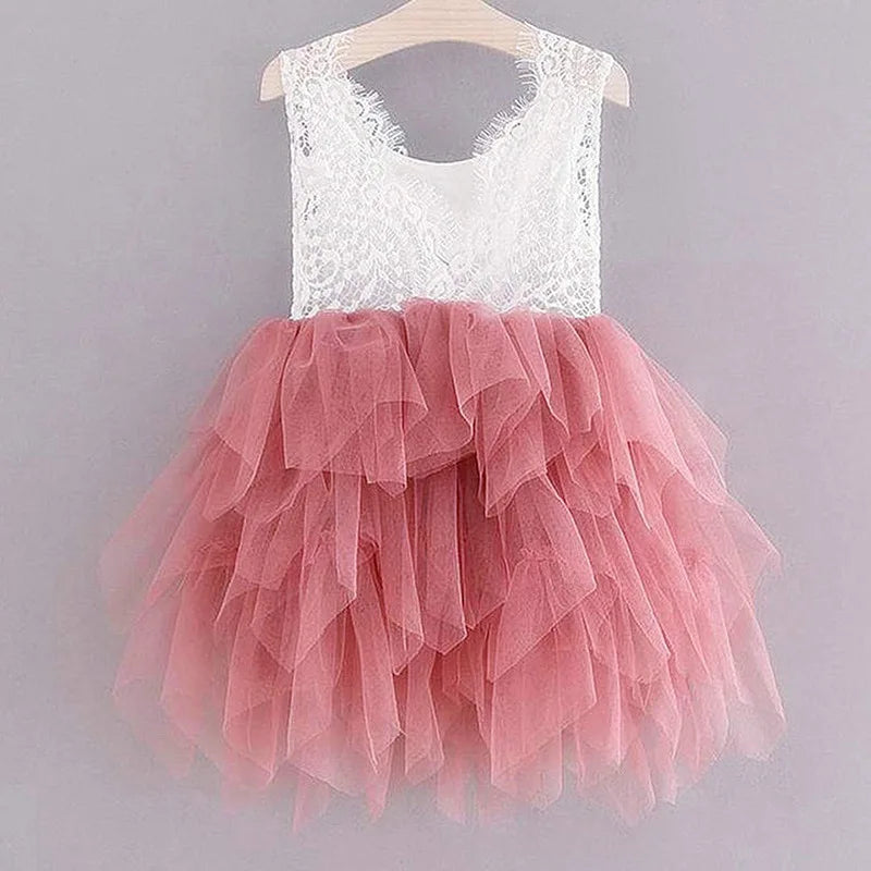Flower Girl Bridesmaid Dresses Little Girl Layered Lace Tulle Dress Elegant Festival Princess Dress Sleeveless Clothes