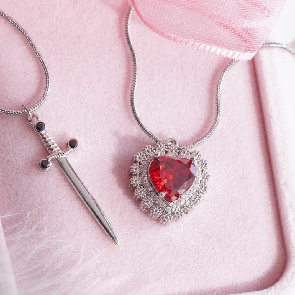 Snow White and The Huntsman Couple Heart and Sword Pendant Necklace for Women Romantic Wedding Valentine's Day Jewelry Gifts