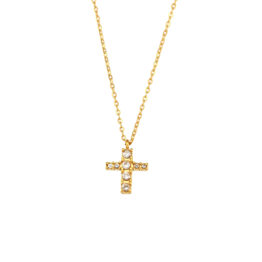 E.B.Belle Fashion Style Luxury Clear Zircon Cross Series Pendant Necklace 18K Gold Plated Stainless Steel Women'S Jewelry