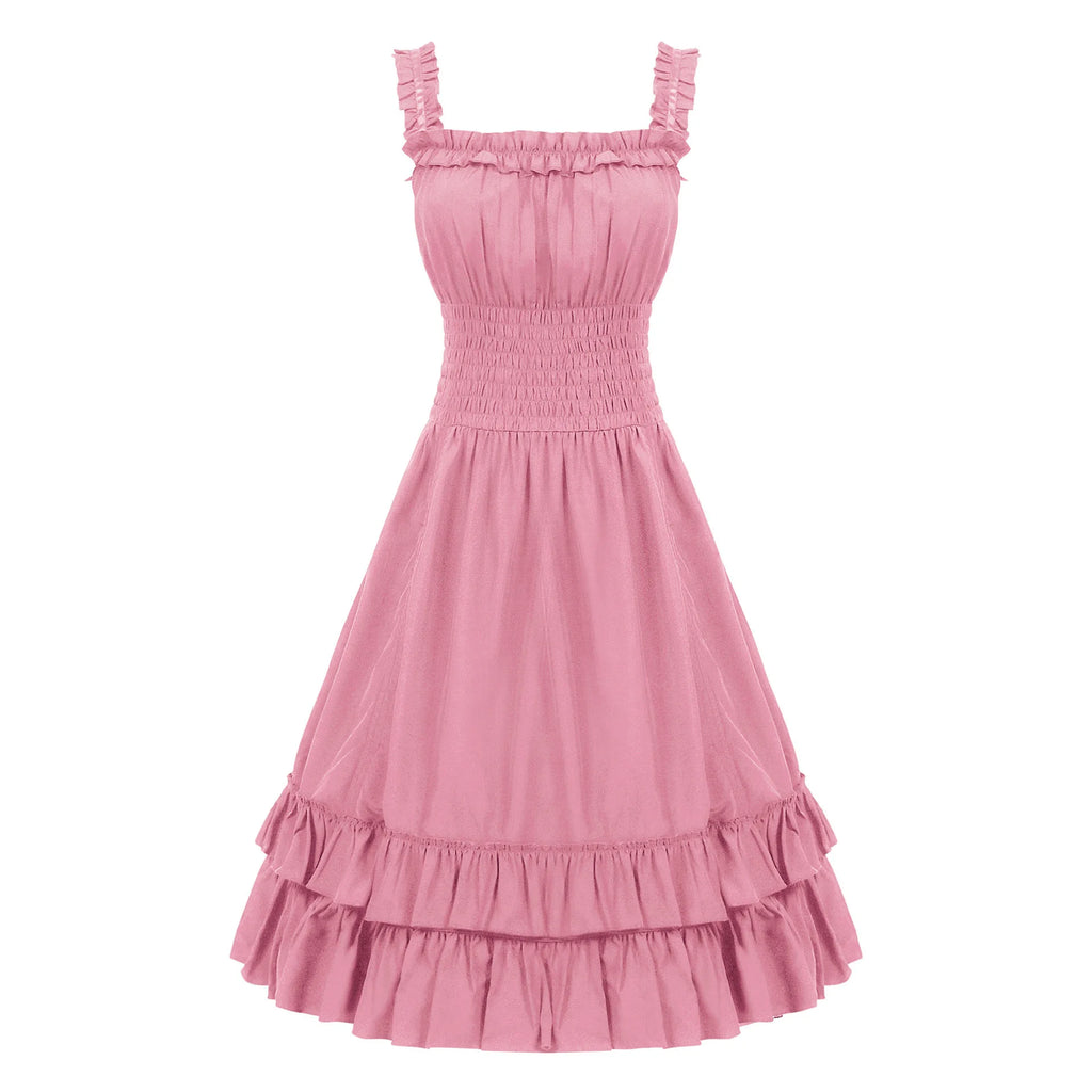2026 Vintage Victorian Ruffle Midi Dress,High Waist A Line Women Sling Dress,Medieval Cosplay Party Dress for Women Summer Beach