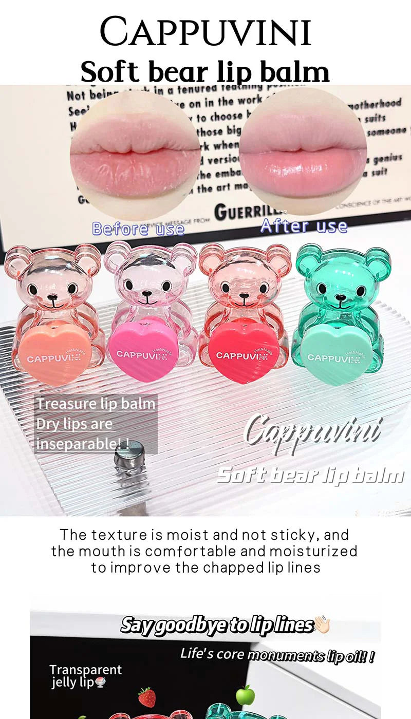 Cappuvini Soft and Cute Bear Lip Balm Moisturizing and Hydrating, Reduces Lip Lines, Non-Greasy, Limited Edition for Christmas and Halloween, Autumn and Winter Lip Care.