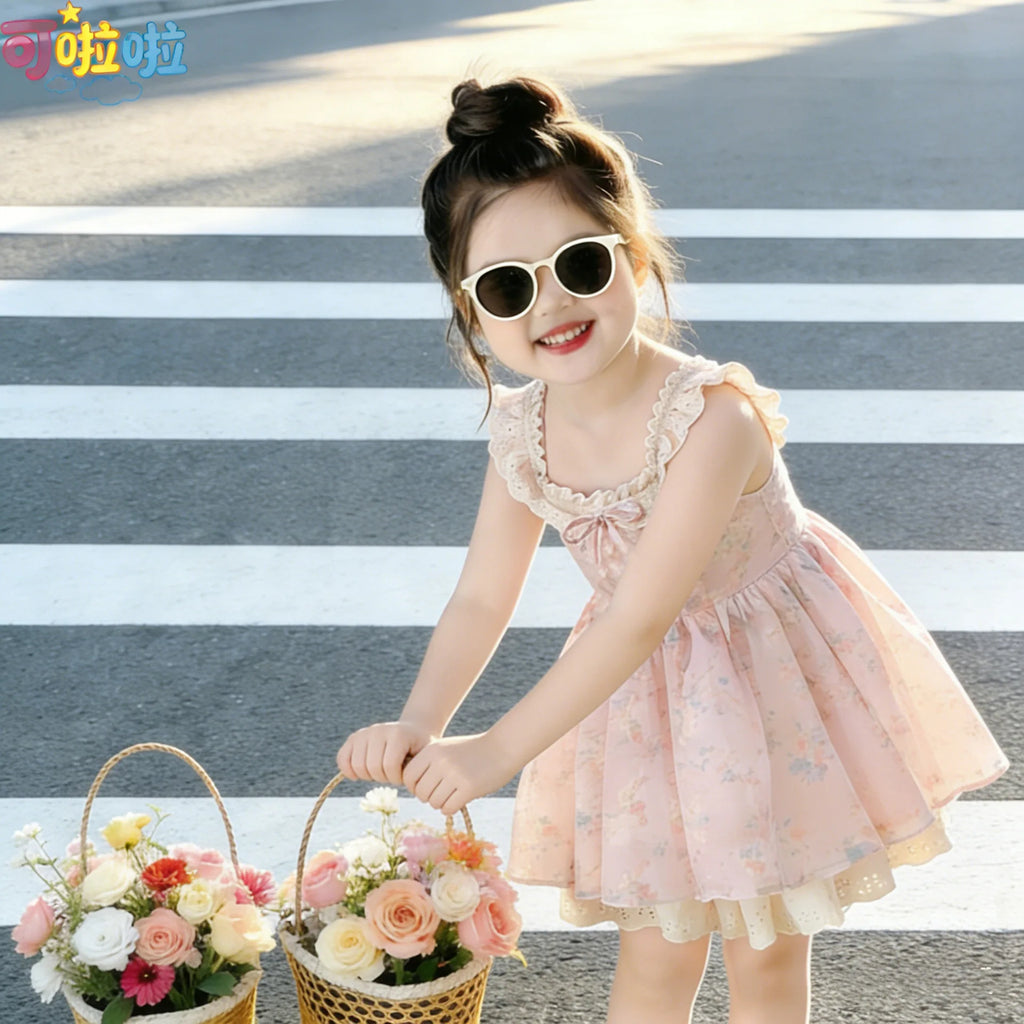 Girls' New Summer Korean Style Floral Print Sweet Princess Dress with Small Flutter Sleeves and Lace