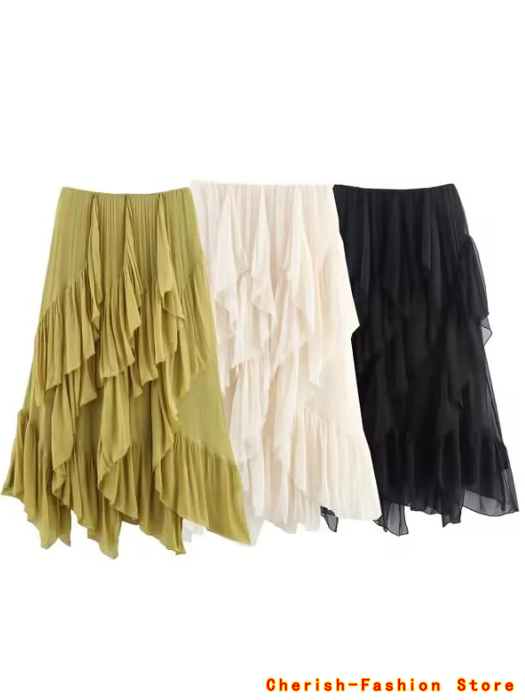 Topenomi Fairy Tierred Ruffled Skirt Women Summer Simple Solid Elastic Waist A-line Long SkirtsK Fashion Versatile Юбка