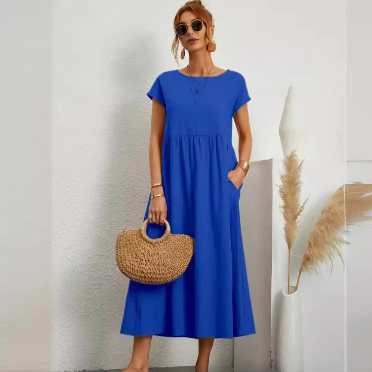 Premium Elegant Solid Cotton Linen Dress Summer Midi with Pockets Loose Fit Casual Crew Neck Short Sleeve for Beach Travel