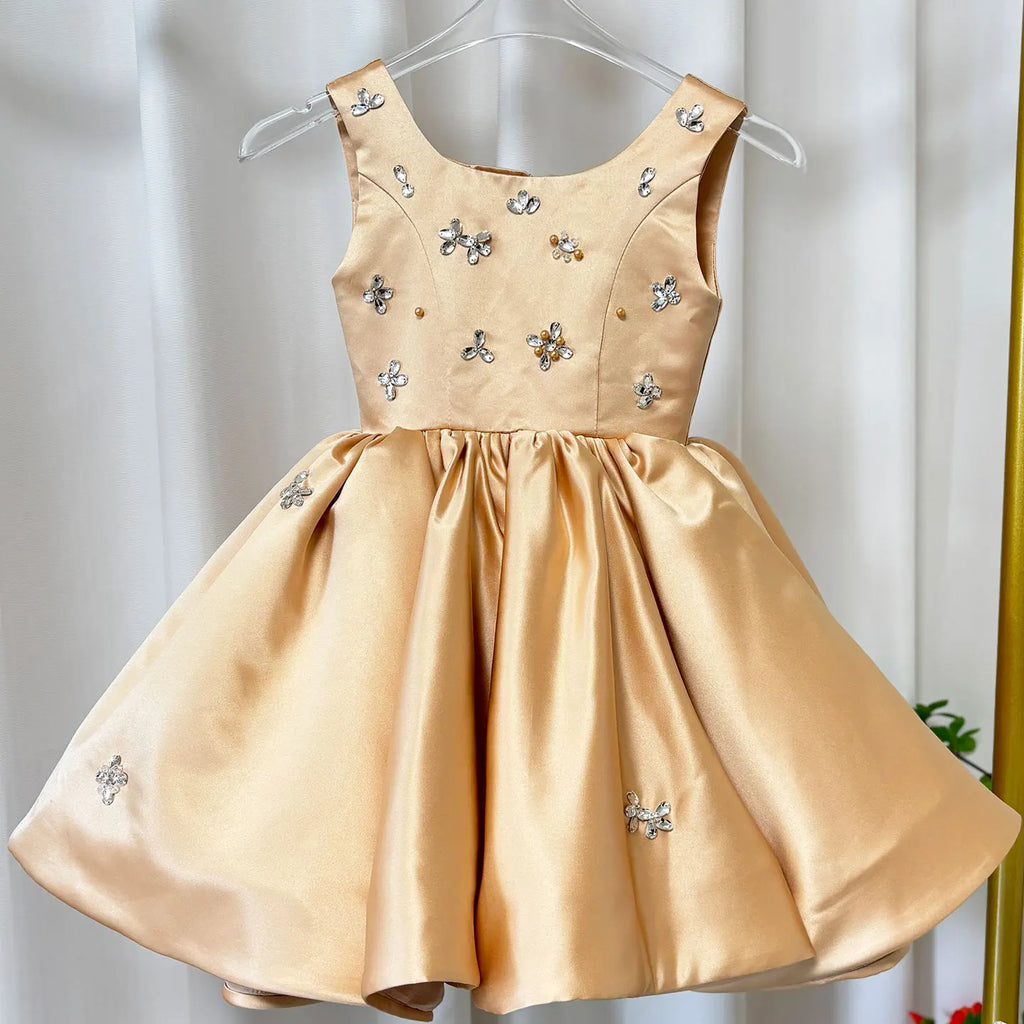 Dreamy Vow J145 Pink Satin Classic Girls Dress Beaded Square Neck Knee Length Children Wedding Birthday Holiday Party Dress 2025