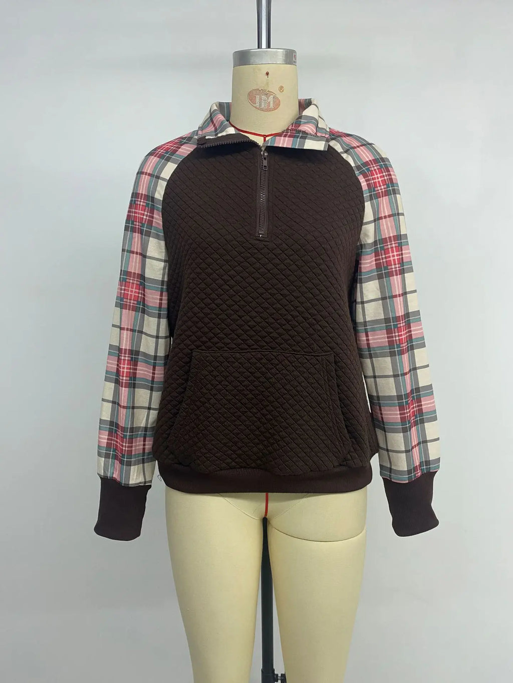 Women's Quilted Half Zip Pullover Plaid Sleeve Kangaroo Pocket Sweatshirt 2026
